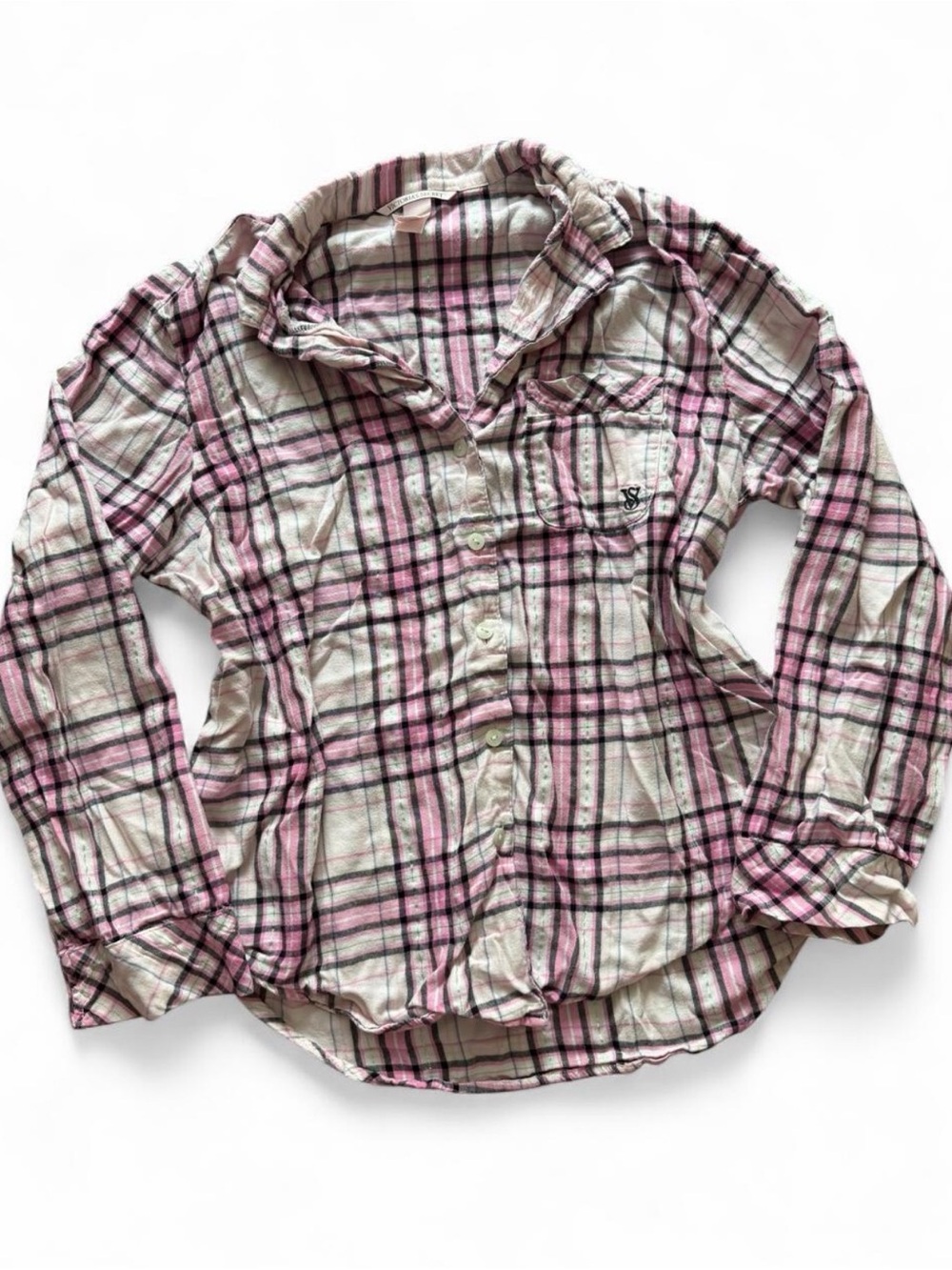 Victoria's Secret Pink and White Plaid Long-Sleeve Button Shirt